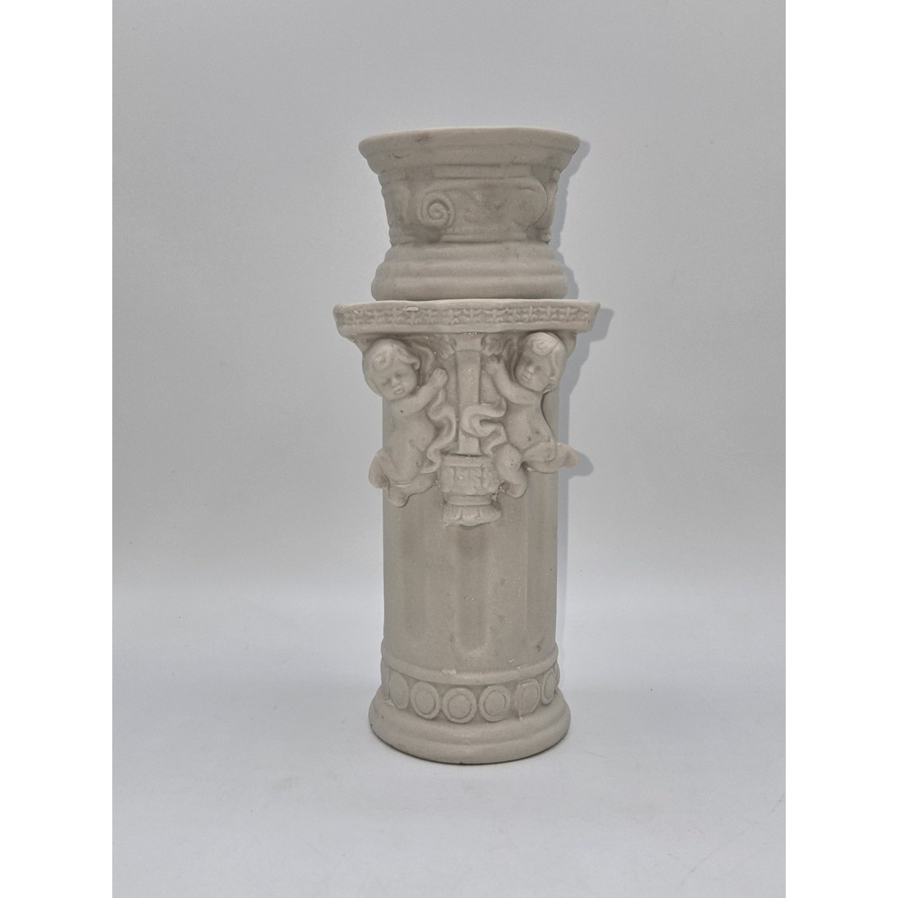 Cherub Putti Classical Column Ceramic Vase Ivory Architectural 8"